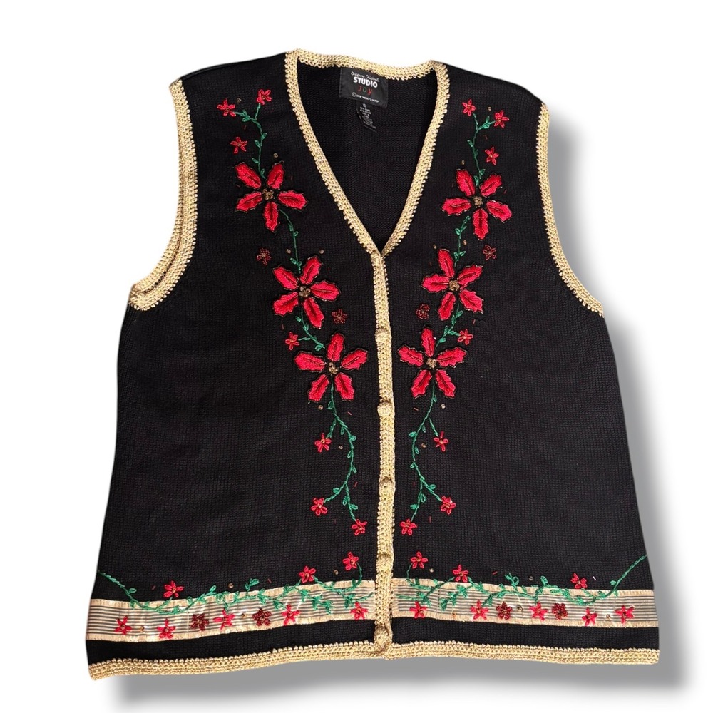 Vintage 90s Black Poinsettia Floral Embroidered Beaded Sweater Vest Gold Trim XL